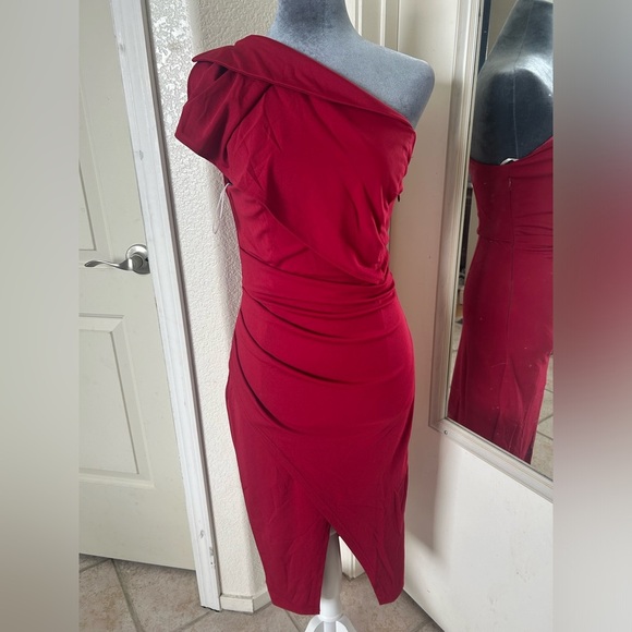 Cocktail Party Dress One Shoulder Ruffled Ruched Slit Bodycon Fomal Midi size S - Picture 4 of 9